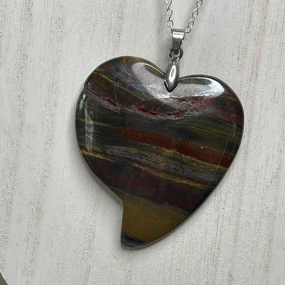 Iron Tiger hematite large 2” heart pendant silver plated 20” chain necklace hand - Picture 9 of 9